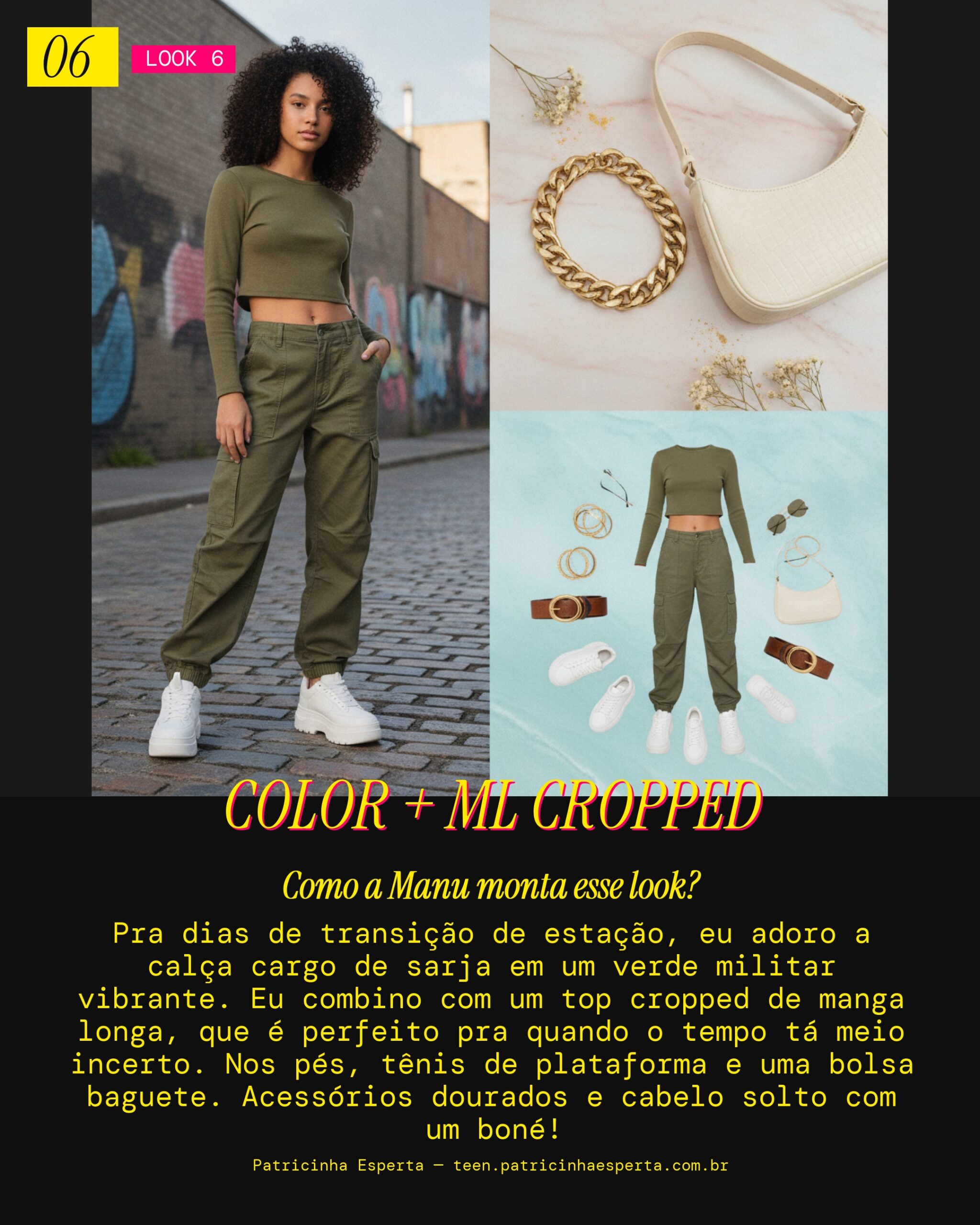 MANU RECOMENDA: Calça Cargo Sarja Colorida e Top Manga Longa Cropped pra Transição
