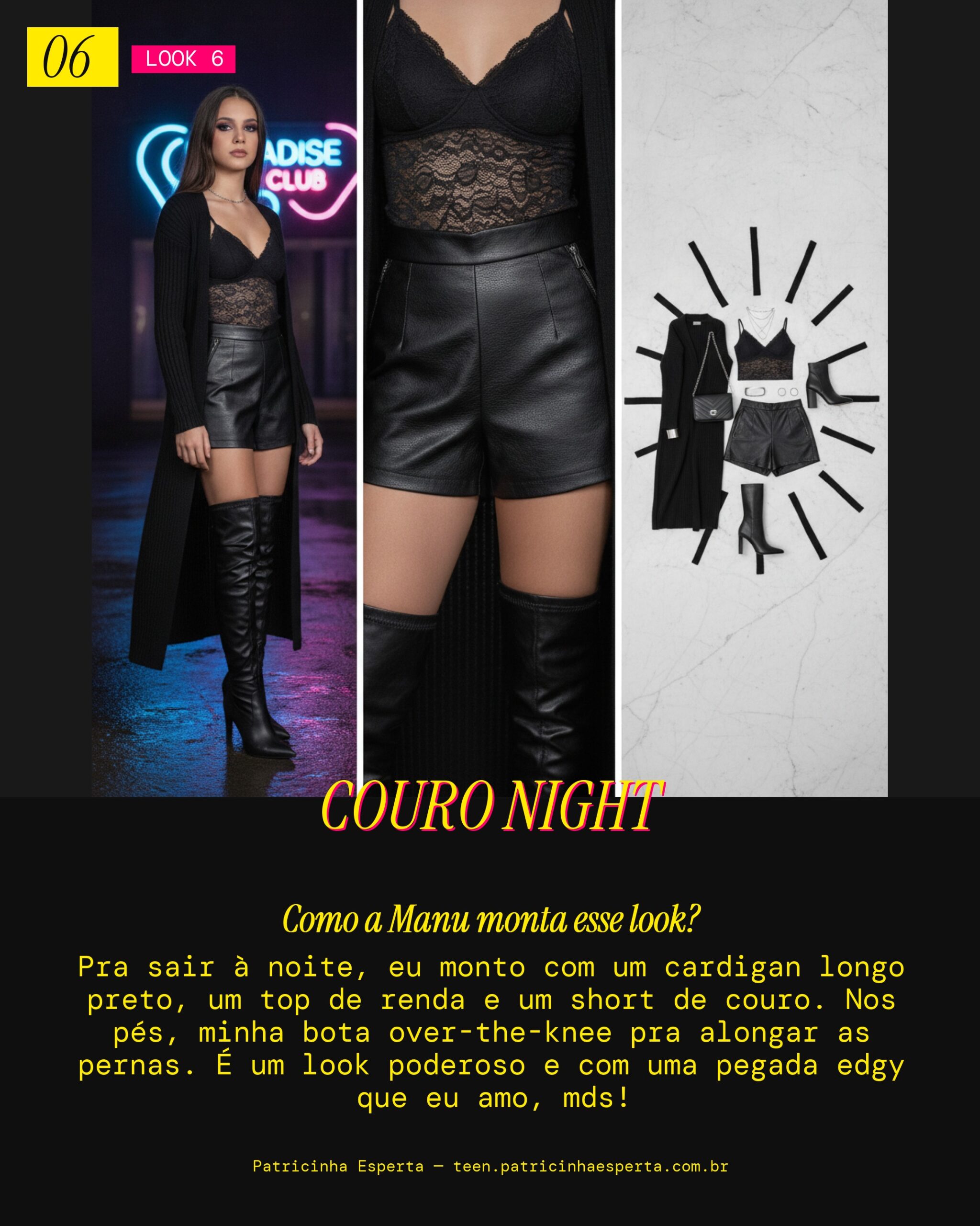 MANU RECOMENDA: Cardigan Escuro e Short de Couro pra Noite