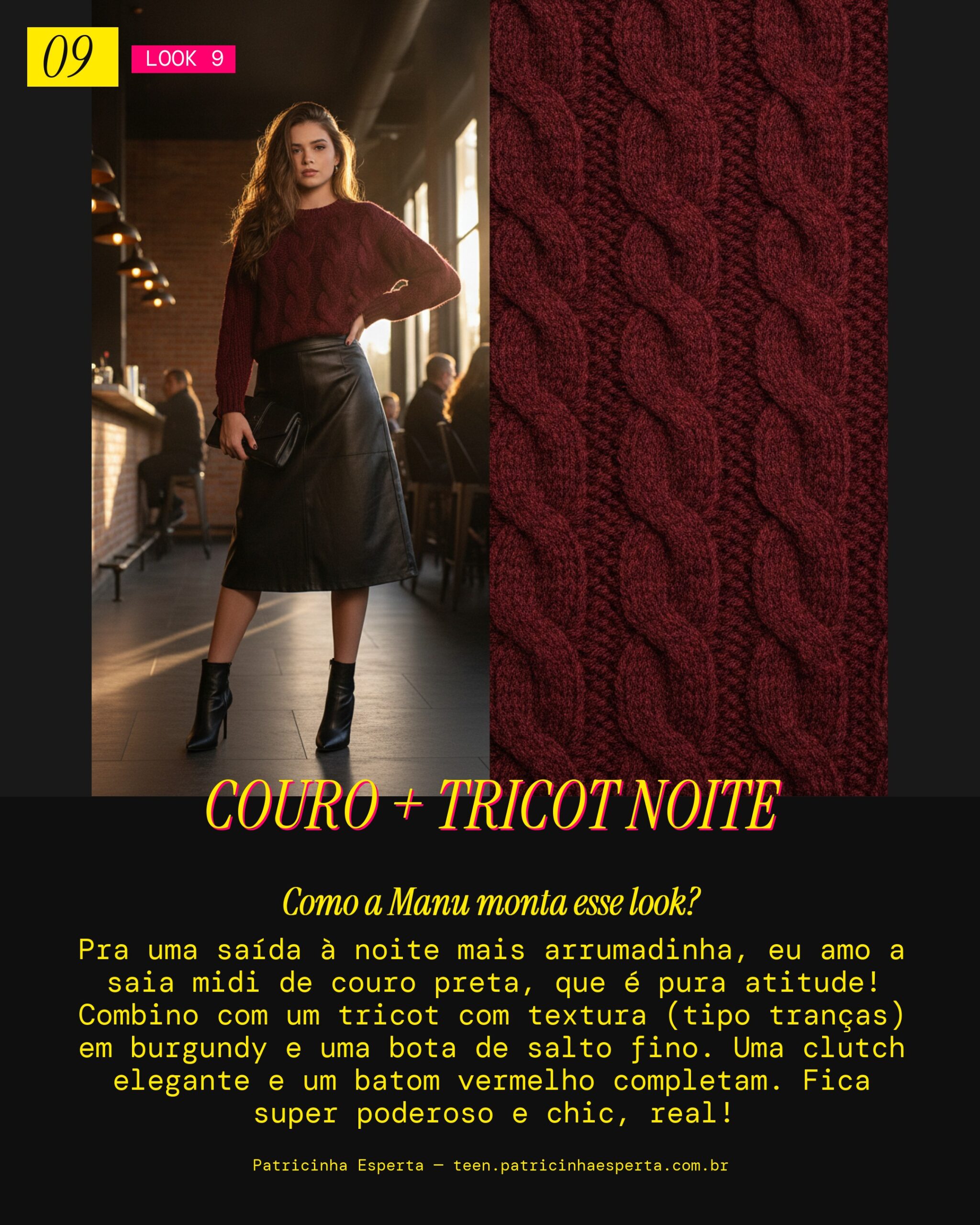 MANU RECOMENDA: Saia Midi de Couro com Tricot Texturizado para a Noite