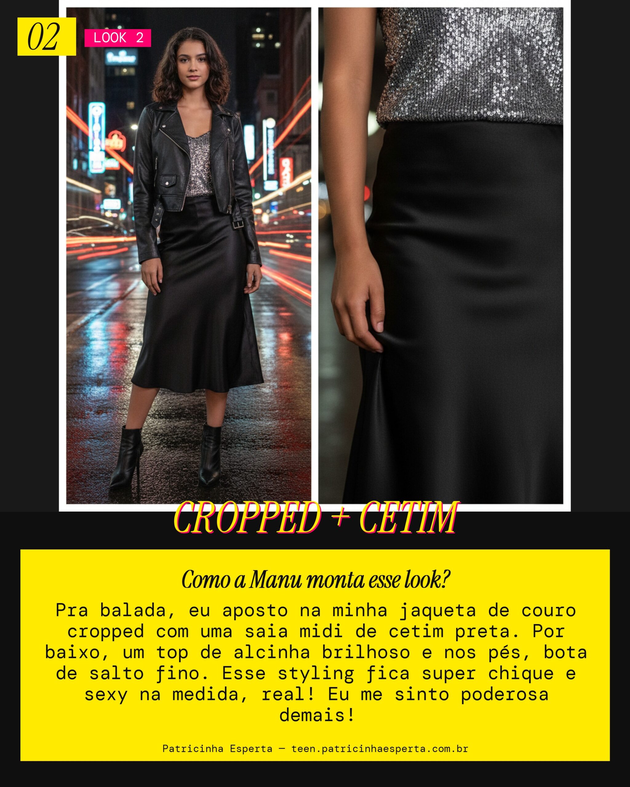 MANU RECOMENDA: Jaqueta Cropped com Saia de Cetim pra uma Festa