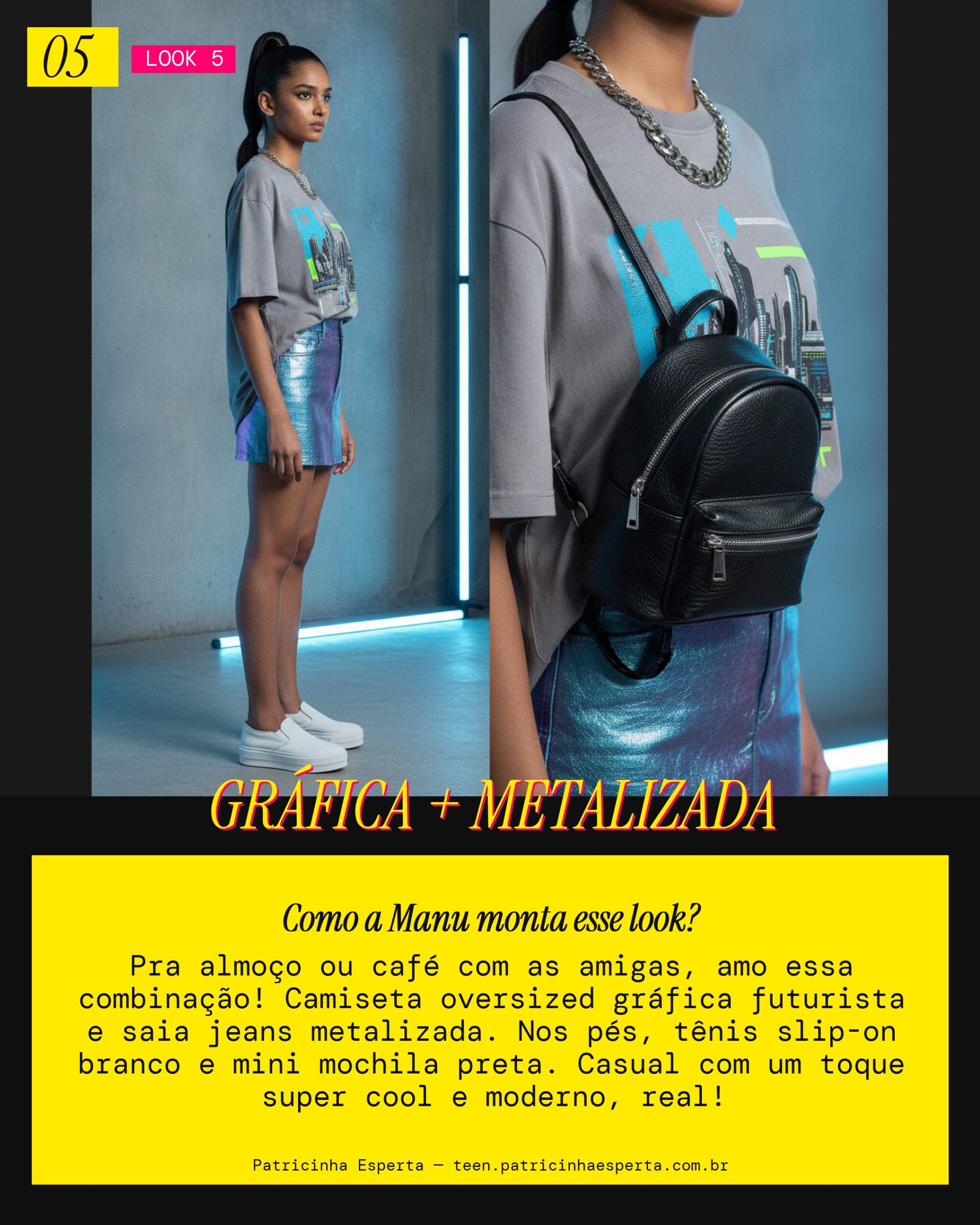 MANU RECOMENDA: Camiseta Gráfica e Saia Jeans Metalizada pra Sair