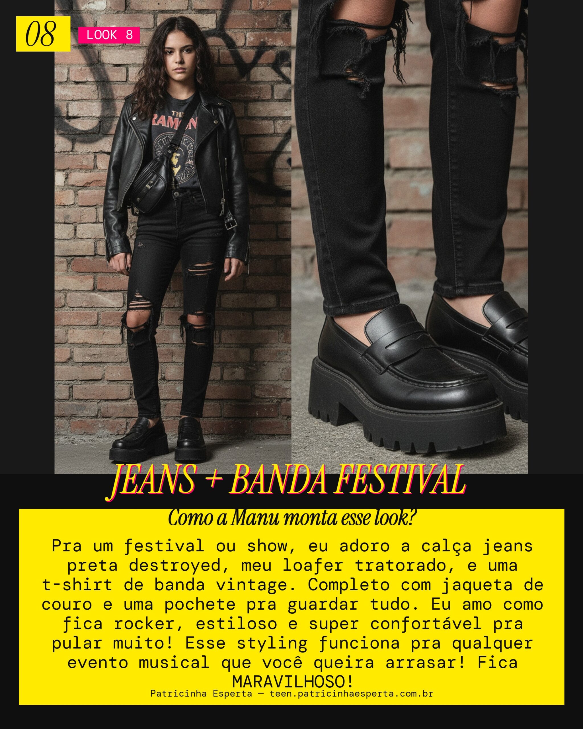 MANU RECOMENDA: Loafer com Calça Jeans Destroyed e T-shirt de Banda pra Festival