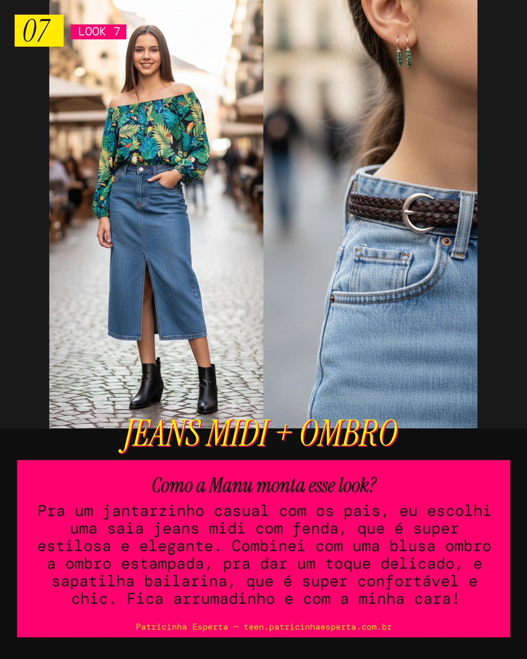 MANU RECOMENDA: Saia Jeans Midi e Blusa Ombro a Ombro pra Jantar Casual