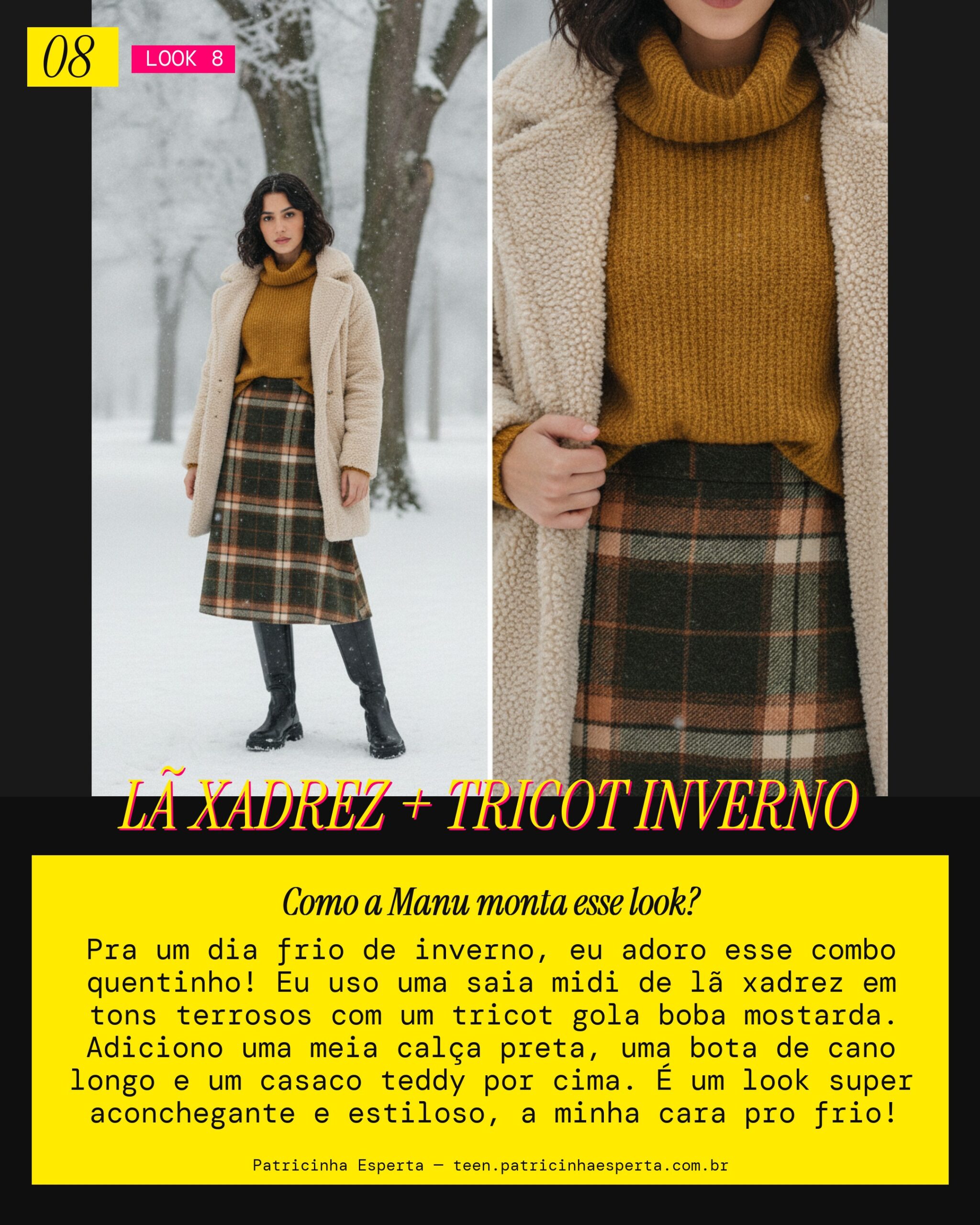 MANU RECOMENDA: Saia Midi de Lã Xadrez com Tricot Gola Boba para o Inverno