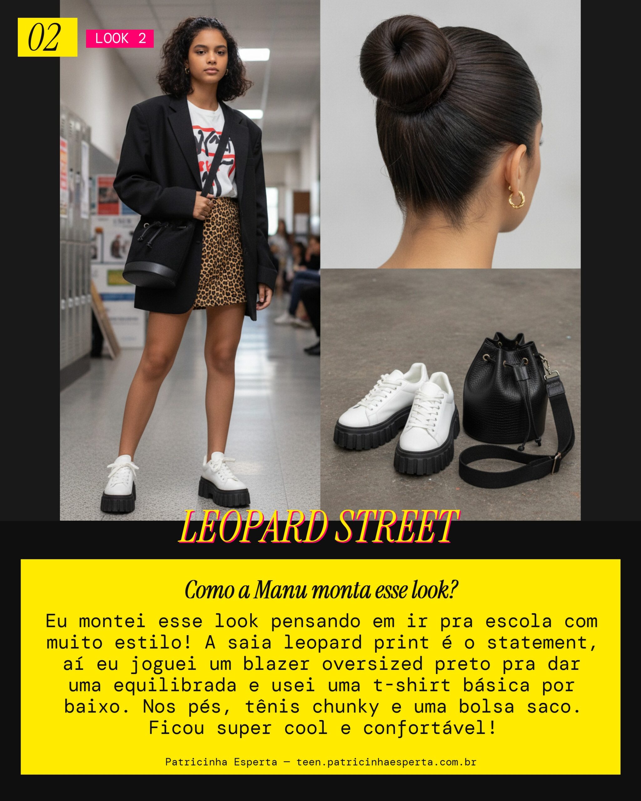MANU RECOMENDA: Saia Leopard Print com Blazer Oversized pra Escola