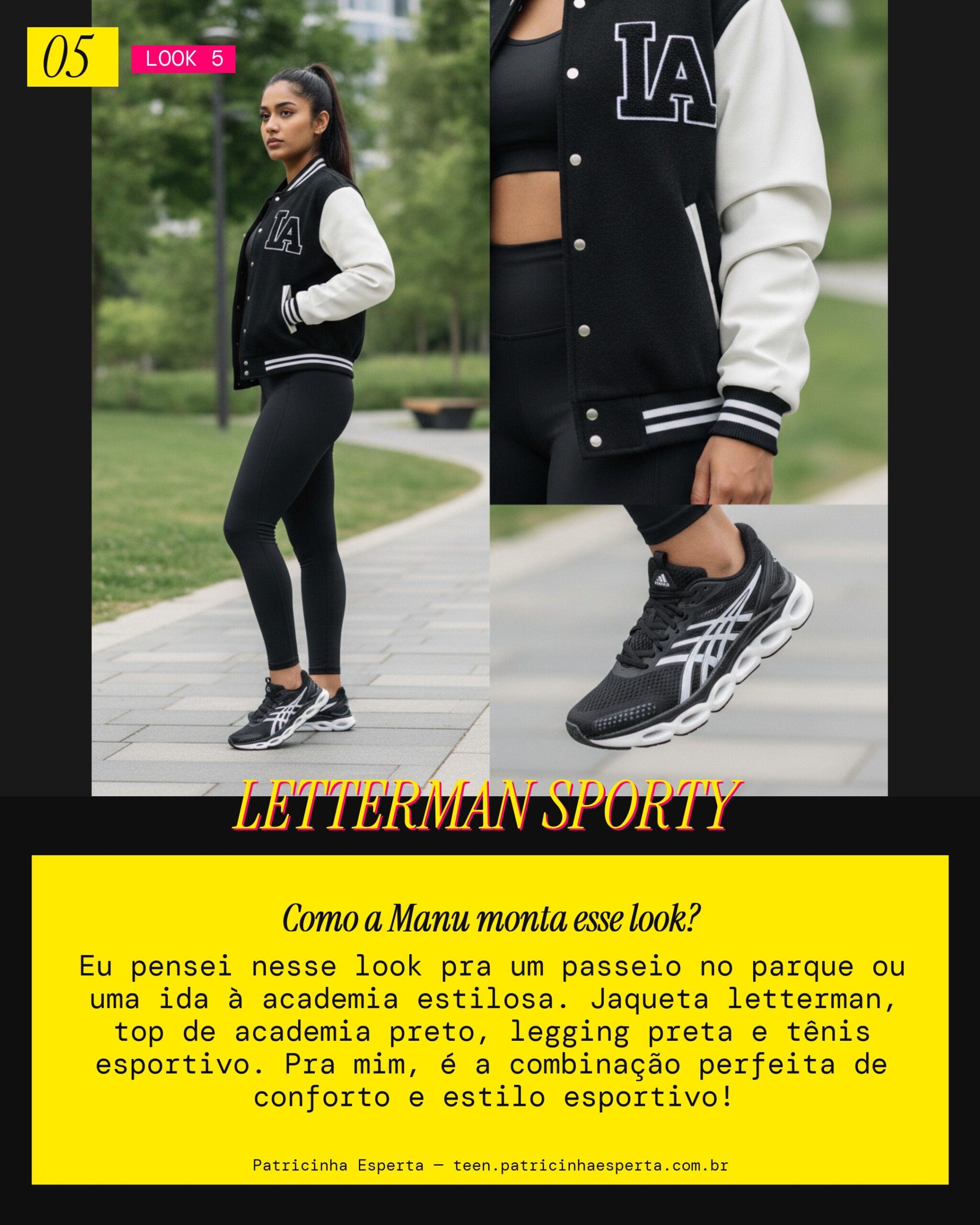 MANU RECOMENDA: Jaqueta Letterman com Legging pra um Passeio Esportivo