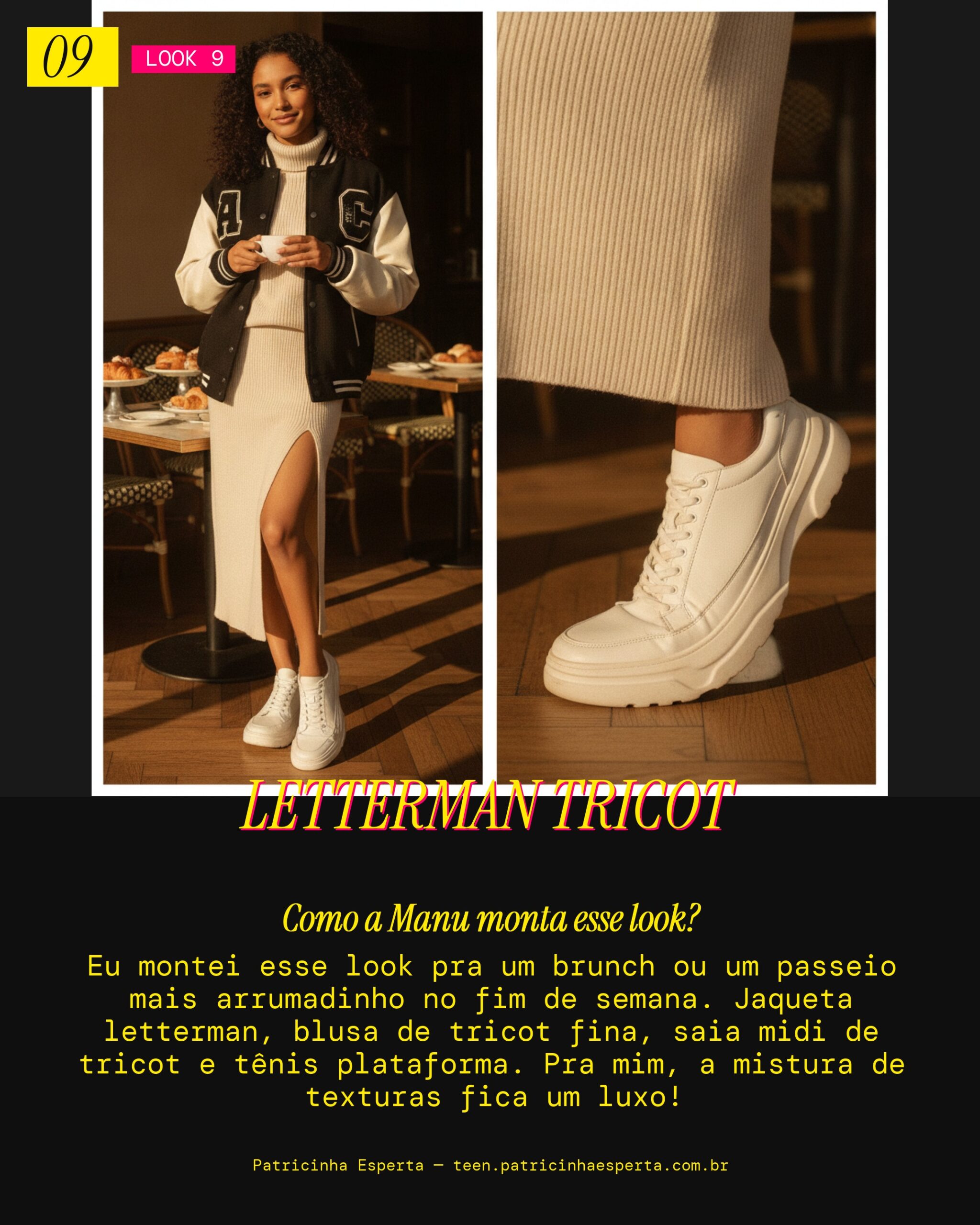 MANU RECOMENDA: Jaqueta Letterman com Saia de Tricot pra um Brunch