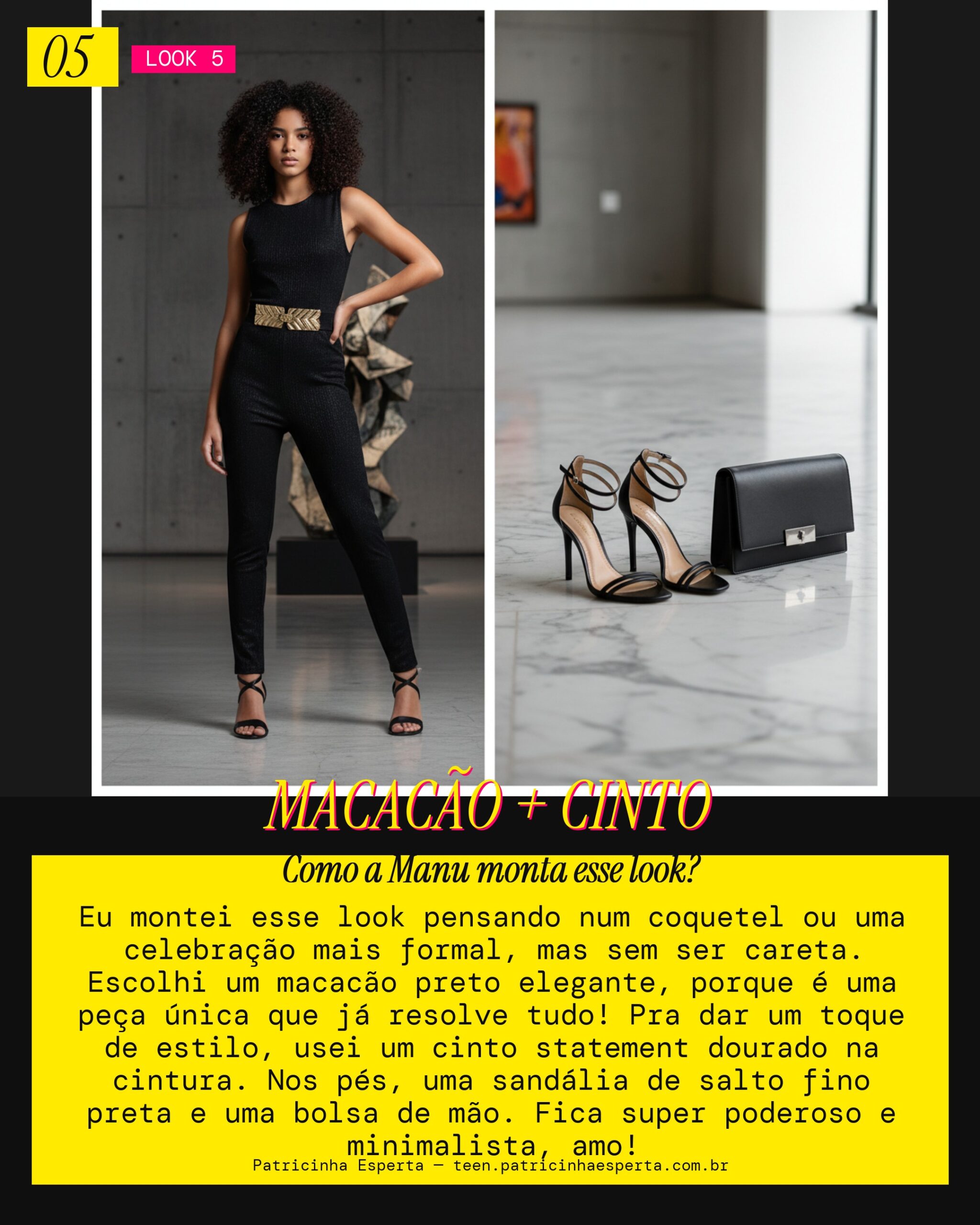 MANU RECOMENDA: Macacão Preto Elegante com Cinto Statement pra Coquetel de 15 Anos