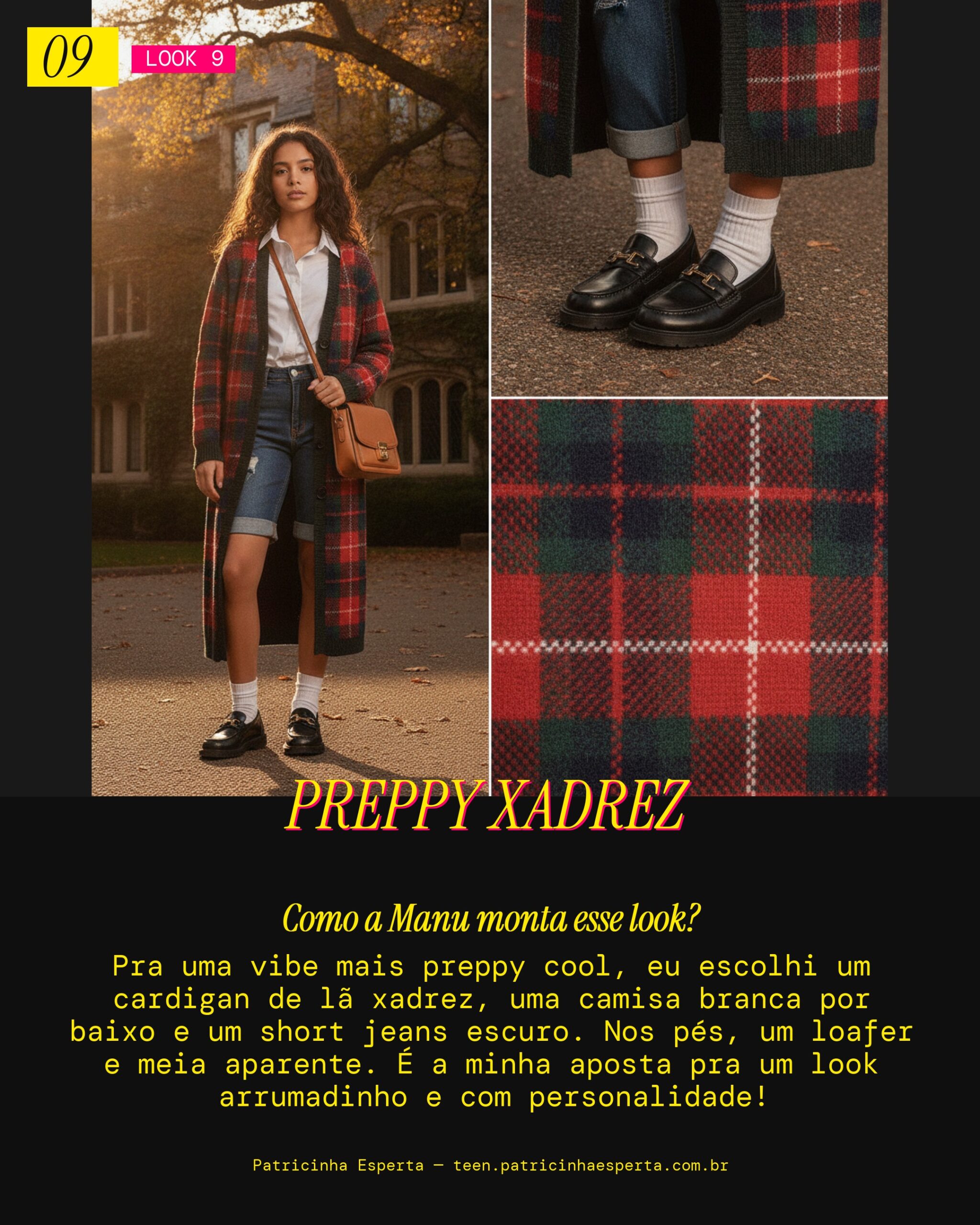 MANU RECOMENDA: Cardigan Xadrez e Short Jeans Escuro pra Vibe Preppy