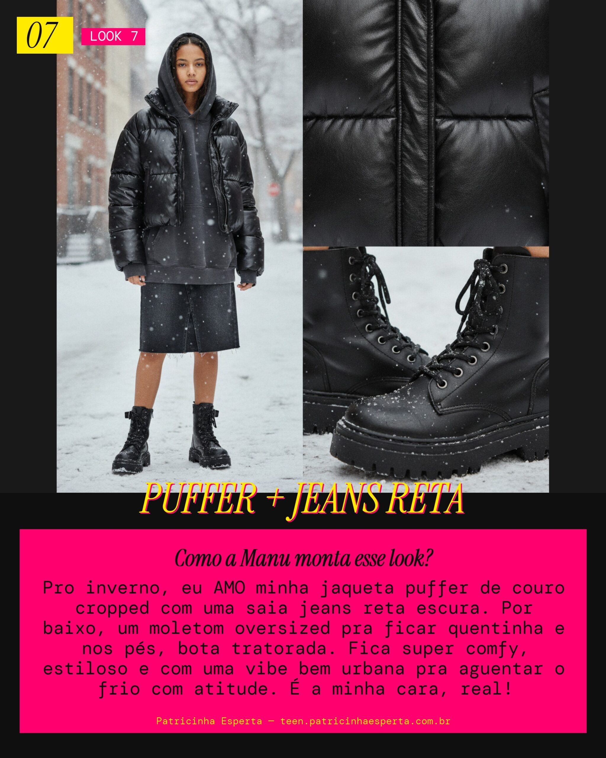 MANU RECOMENDA: Jaqueta Cropped Puffer com Saia Jeans Reta pra Inverno Cool