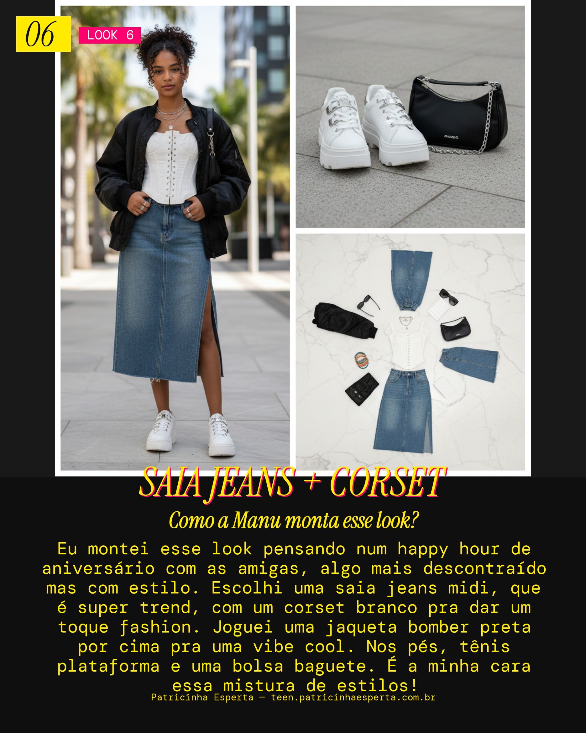 MANU RECOMENDA: Saia Jeans Midi com Corset e Jaqueta Bomber pra Happy Hour de Aniversário