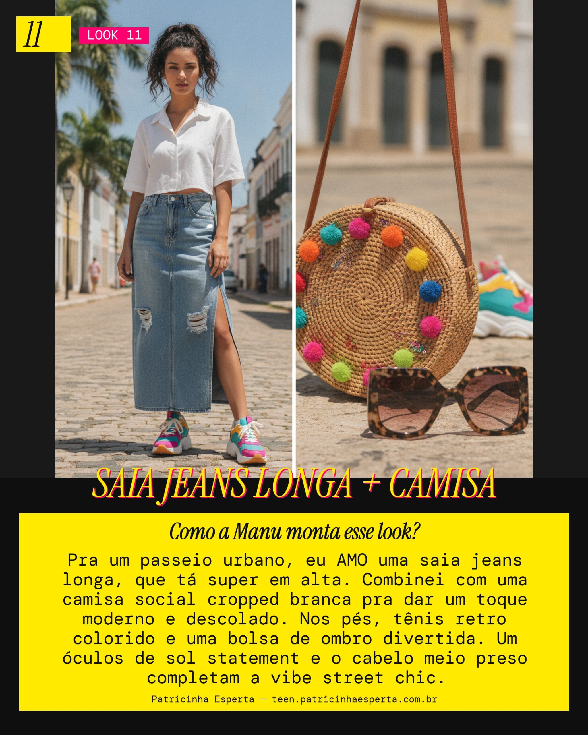 MANU RECOMENDA: Saia Jeans Longa com Camisa Cropped e Tênis Retro (Passeio Urbano)
