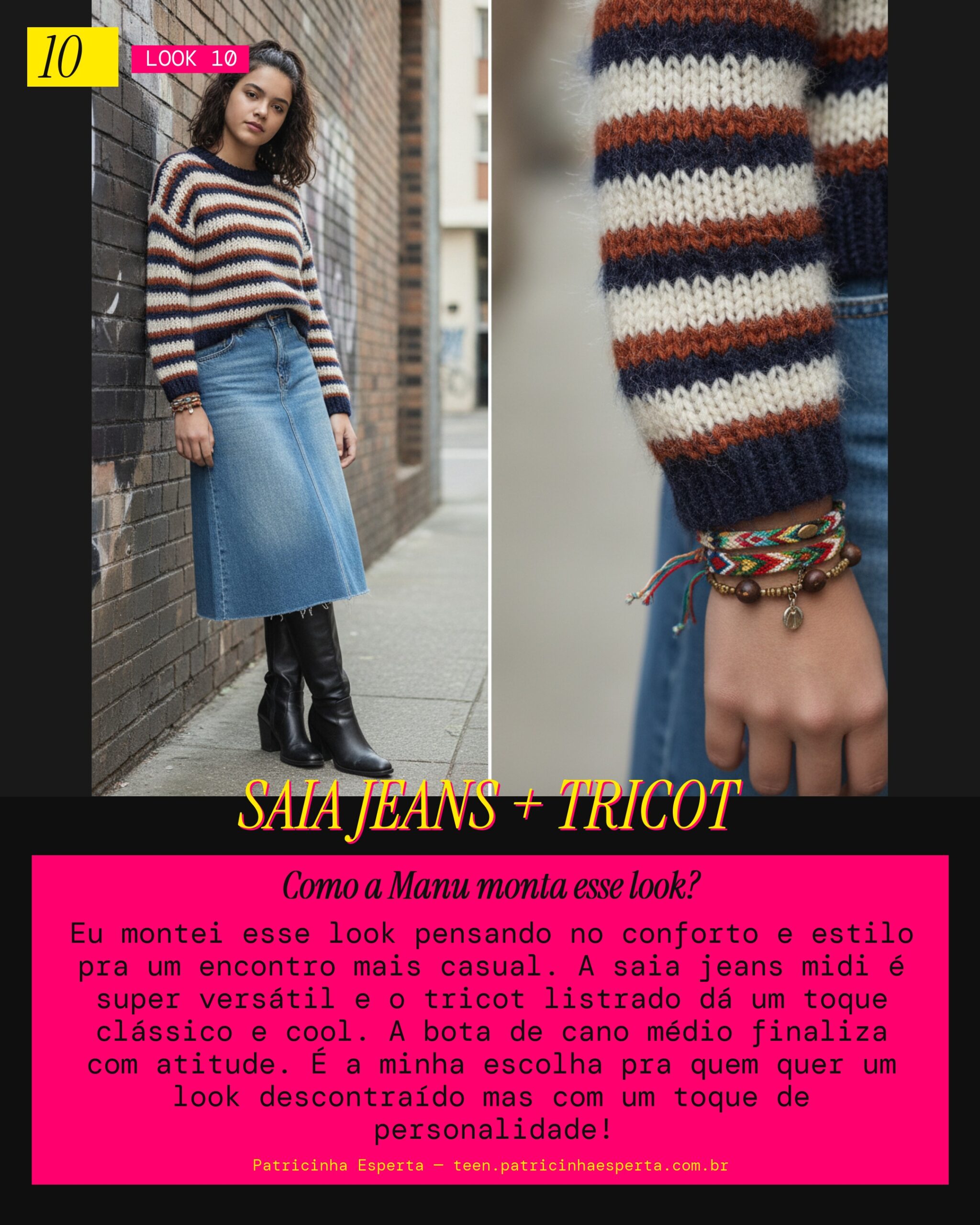 MANU RECOMENDA: Saia Jeans Midi e Tricot Listrado pra Vibe Cool e Confortável