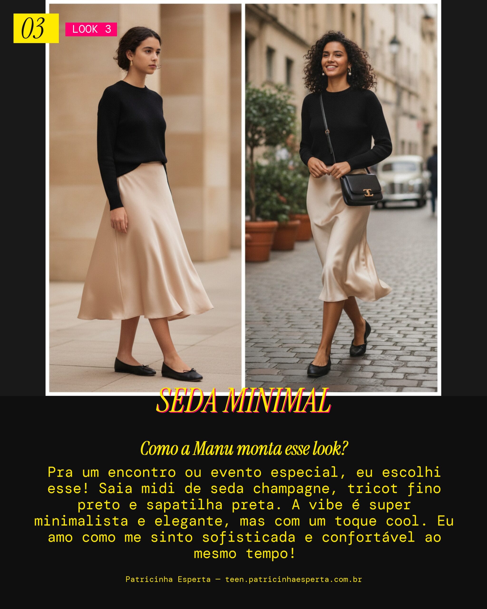 MANU RECOMENDA: Saia Midi de Seda pra um Encontro Minimalista Cool