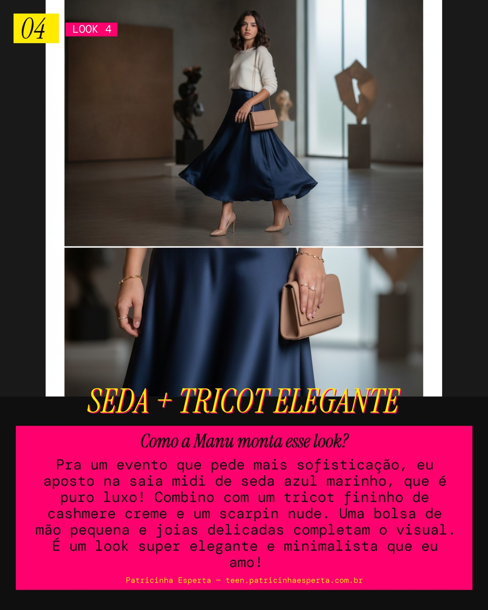 MANU RECOMENDA: Saia Midi de Seda com Tricot Fino pra um Evento Chic