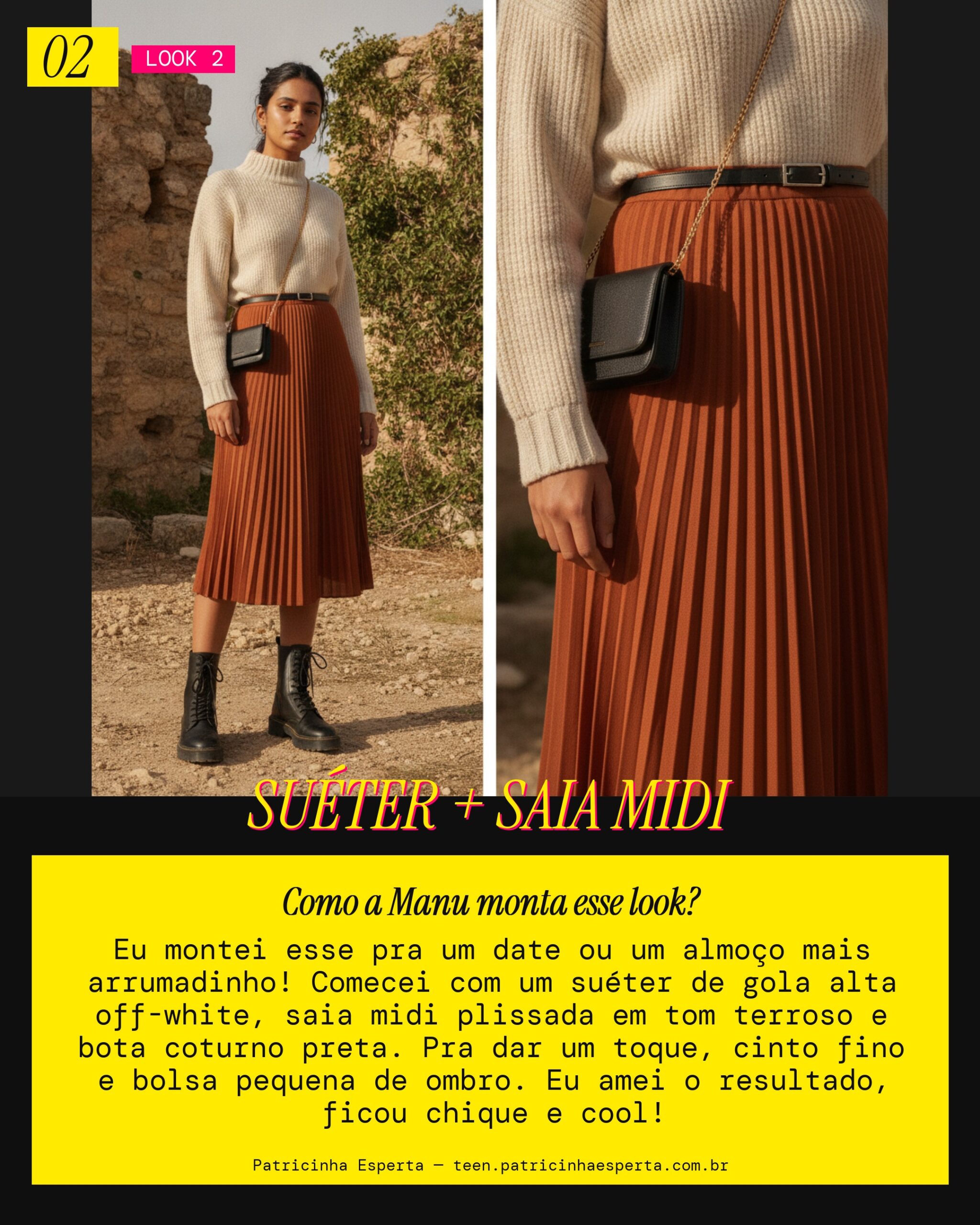 MANU RECOMENDA: Suéter de Gola Alta e Saia Midi Plissada pra um Encontro