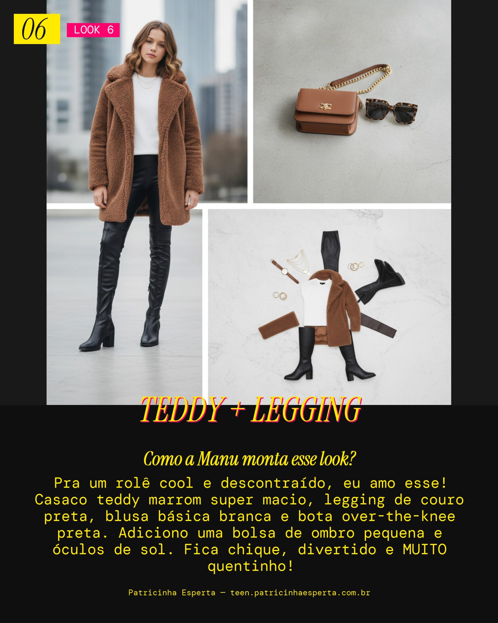 MANU RECOMENDA: Casaco Teddy e Legging de Couro com Bota Over-the-Knee pra um Rolê Cool