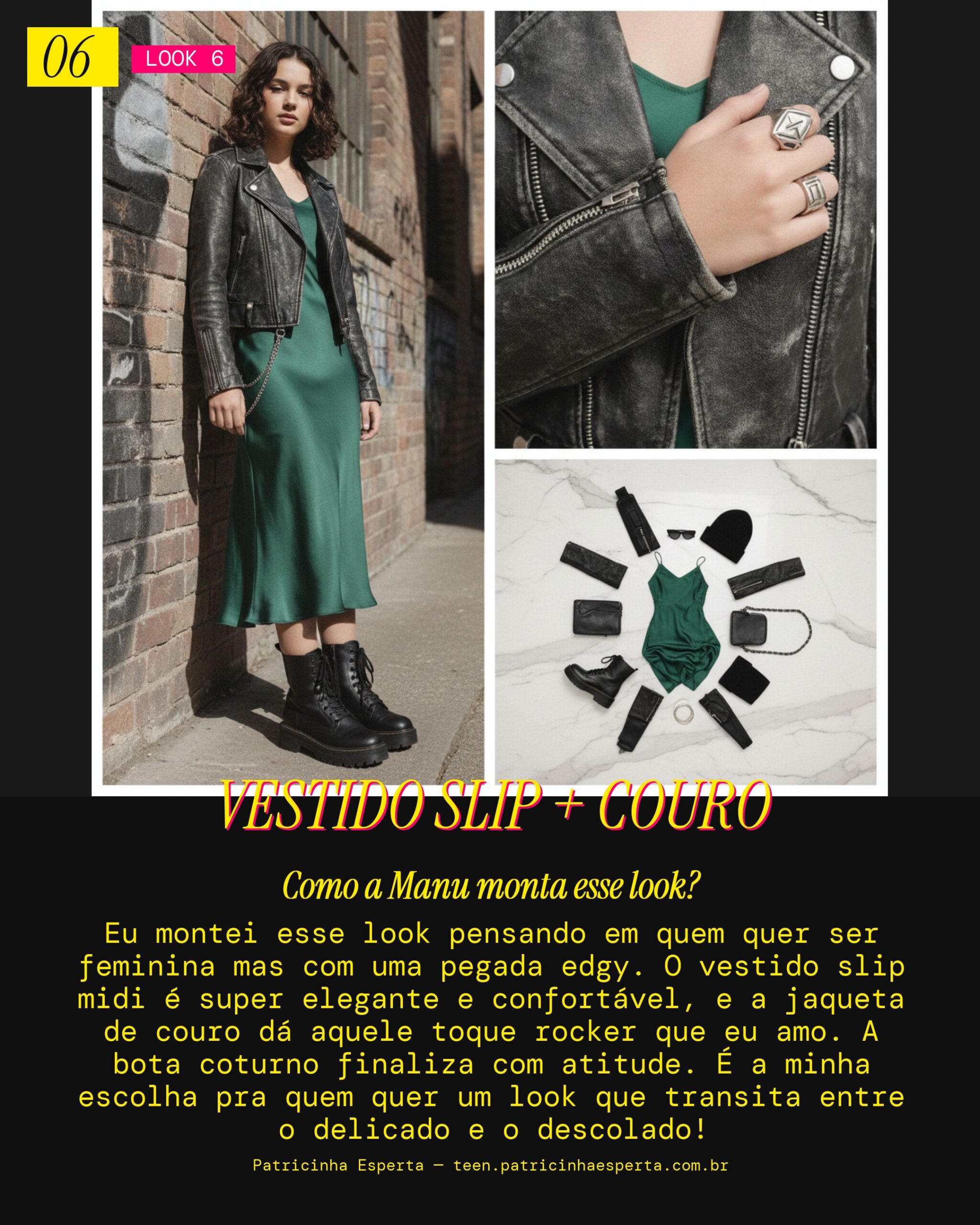 MANU RECOMENDA: Vestido Slip Midi e Jaqueta de Couro pra Vibe Edgy Feminina