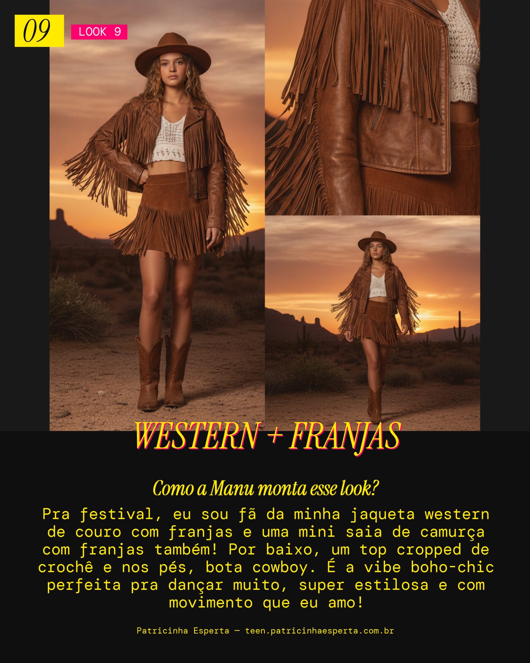 MANU RECOMENDA: Jaqueta Western de Couro com Saia de Franjas pra Festival