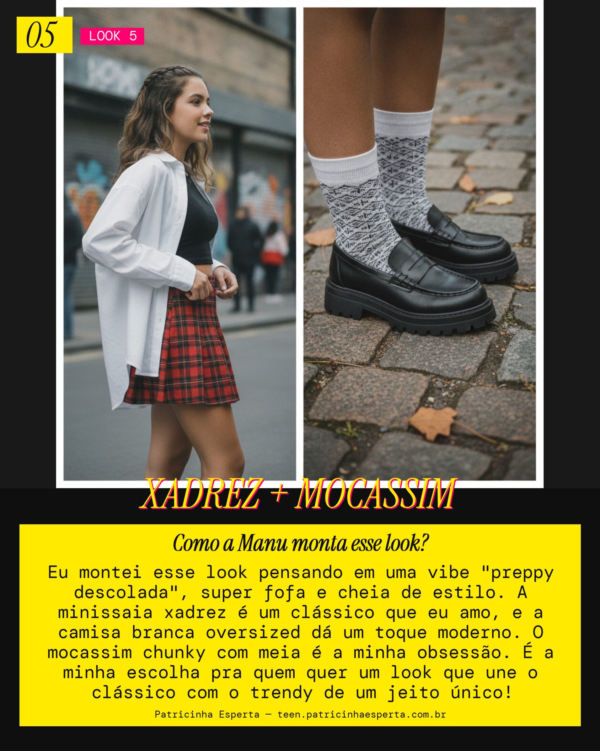 MANU RECOMENDA: Minissaia Xadrez e Mocassim pra Vibe Preppy Descolado