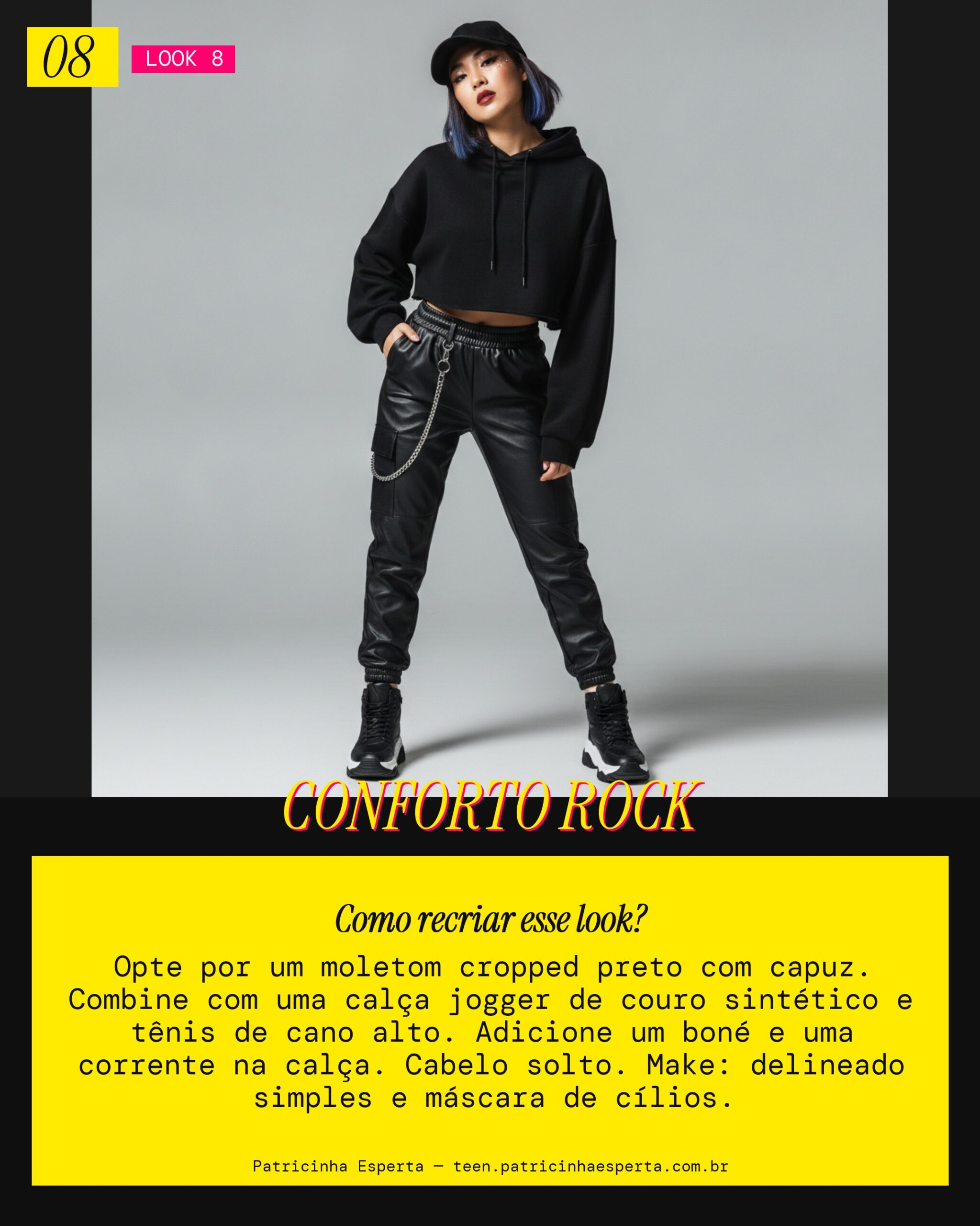 Look 8: Moletom Cropped e Calça Jogger de Couro