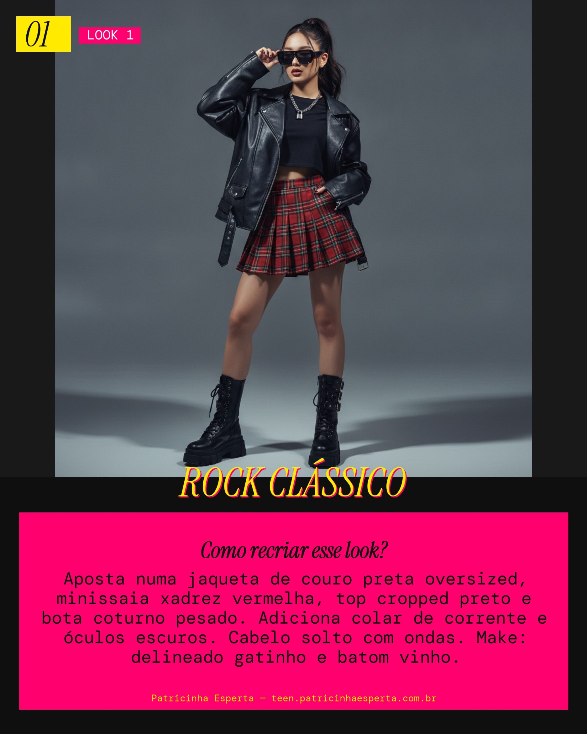 Look 1: Jaqueta de Couro e Minissaia Xadrez