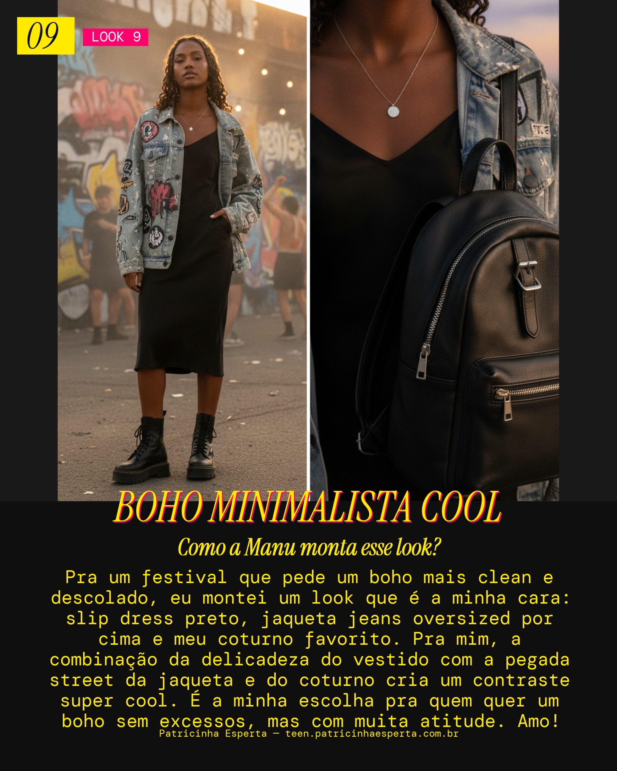 MANU RECOMENDA: Vestido Slip Dress com Jaqueta Jeans Oversized pra um Festival Minimalista