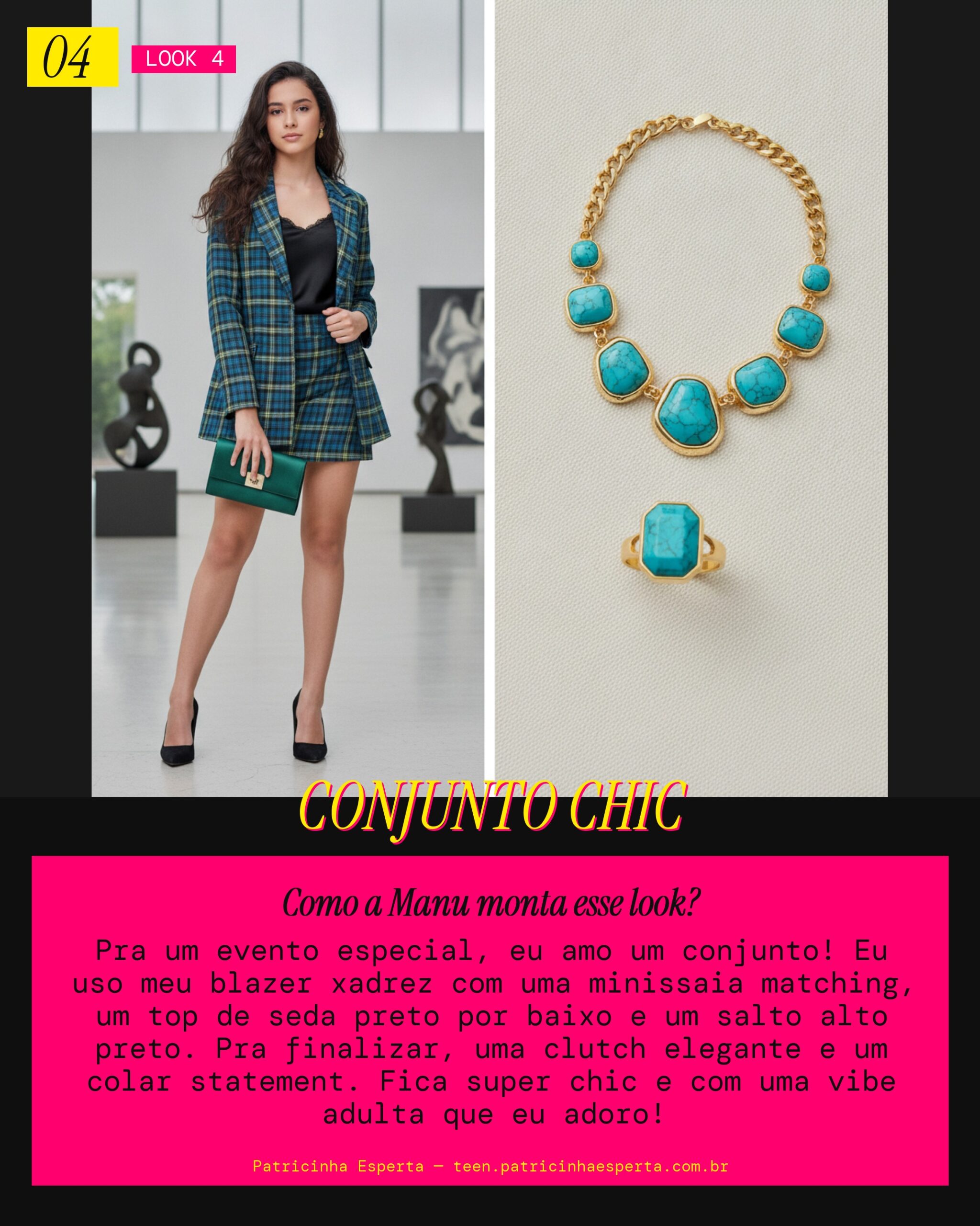 MANU RECOMENDA: Conjunto de Blazer e Saia Xadrez para Evento Especial