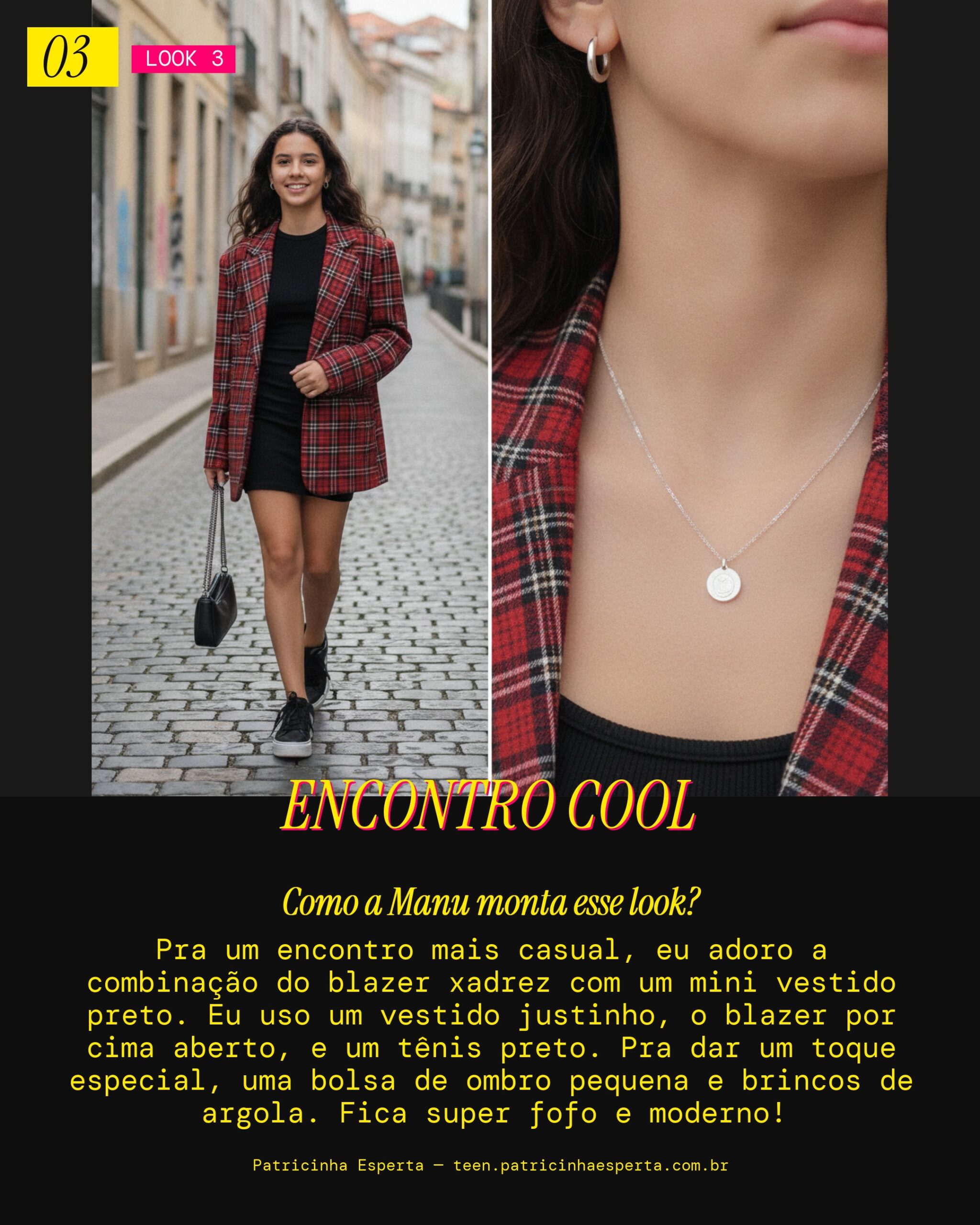 MANU RECOMENDA: Blazer Xadrez com Mini Vestido Preto pra Encontro Casual