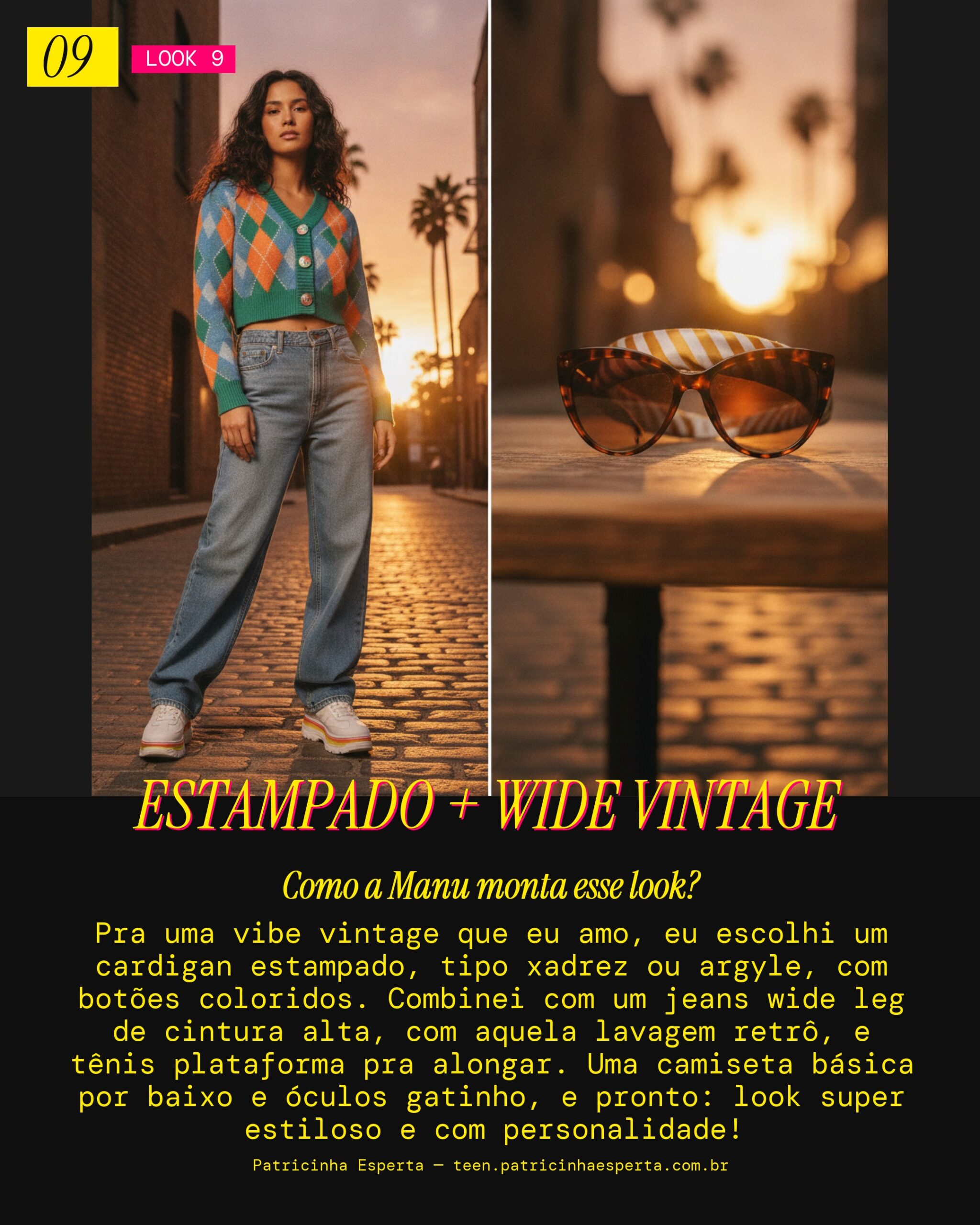 MANU RECOMENDA: Cardigan Estampado com Jeans Wide Leg Vibe Vintage