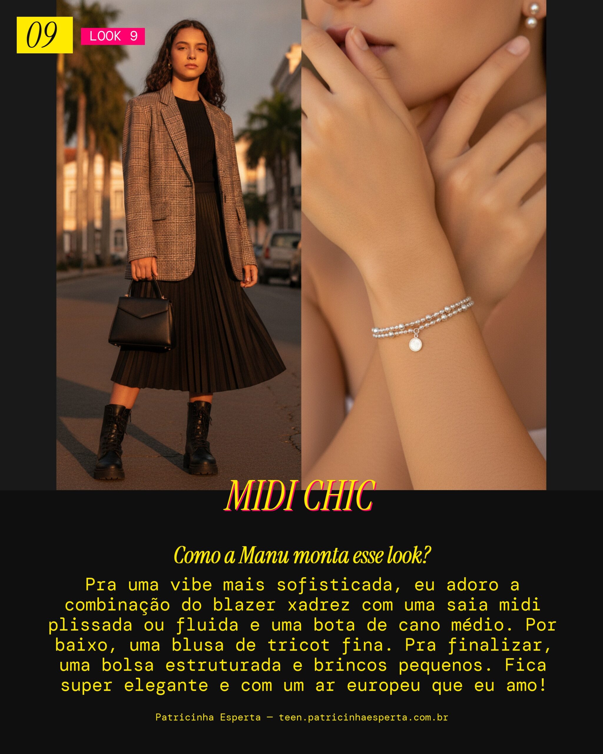 MANU RECOMENDA: Blazer Xadrez com Saia Midi e Bota de Cano Médio pra Vibe Sofisticada