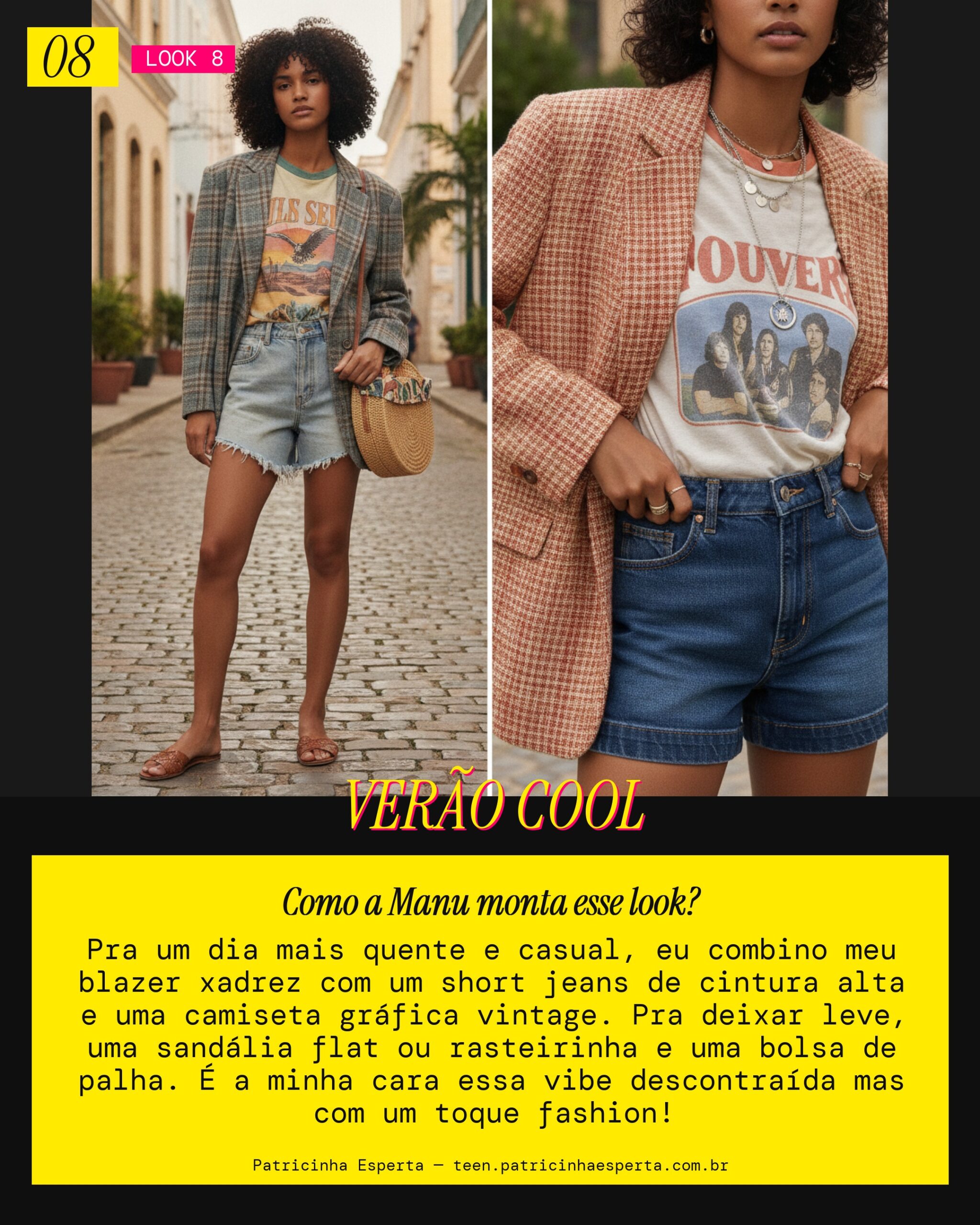 MANU RECOMENDA: Blazer Xadrez com Short Jeans e Camiseta Gráfica pra Verão Casual