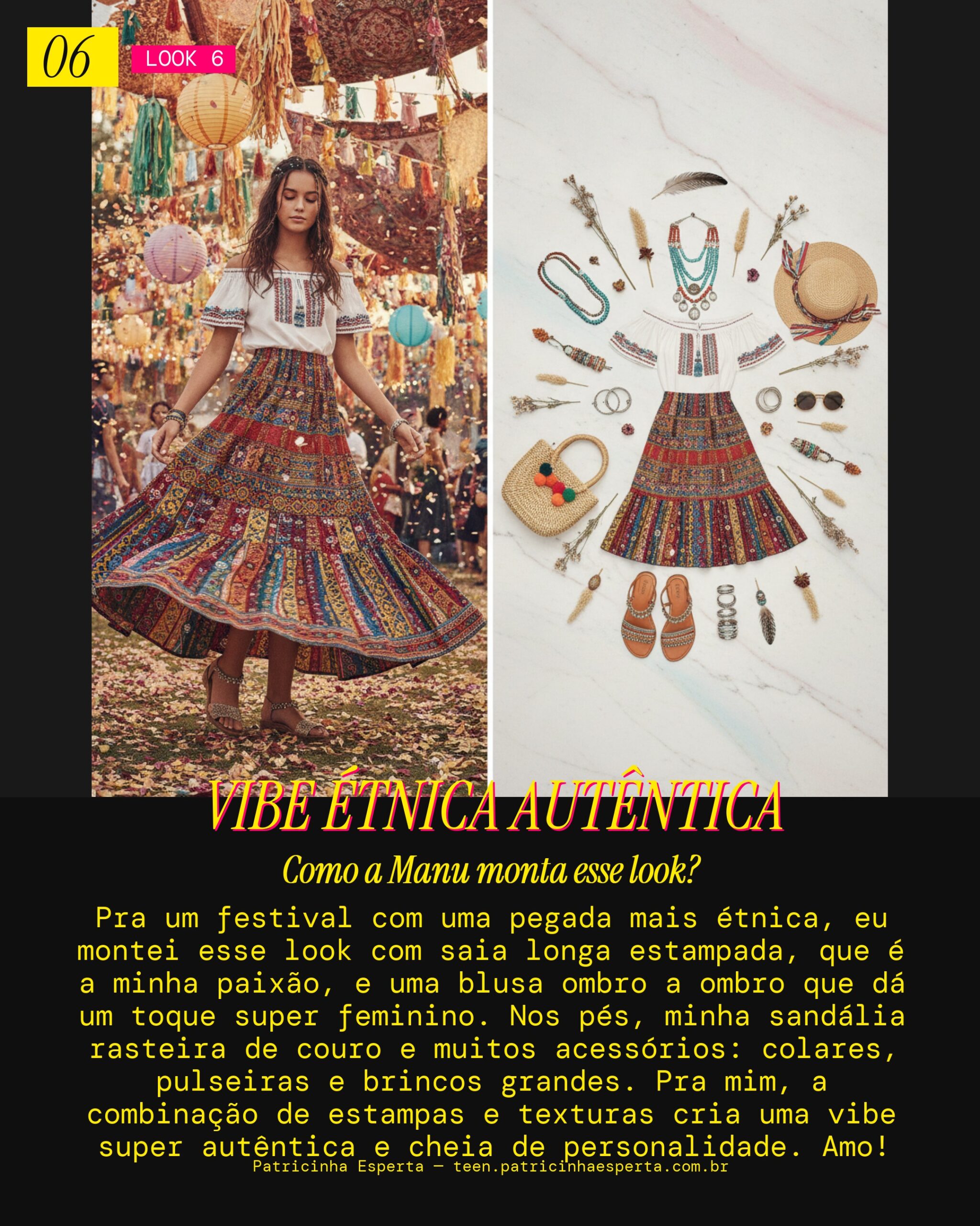 MANU RECOMENDA: Saia Longa Estampada com Blusa Ombro a Ombro pra um Festival Étnico