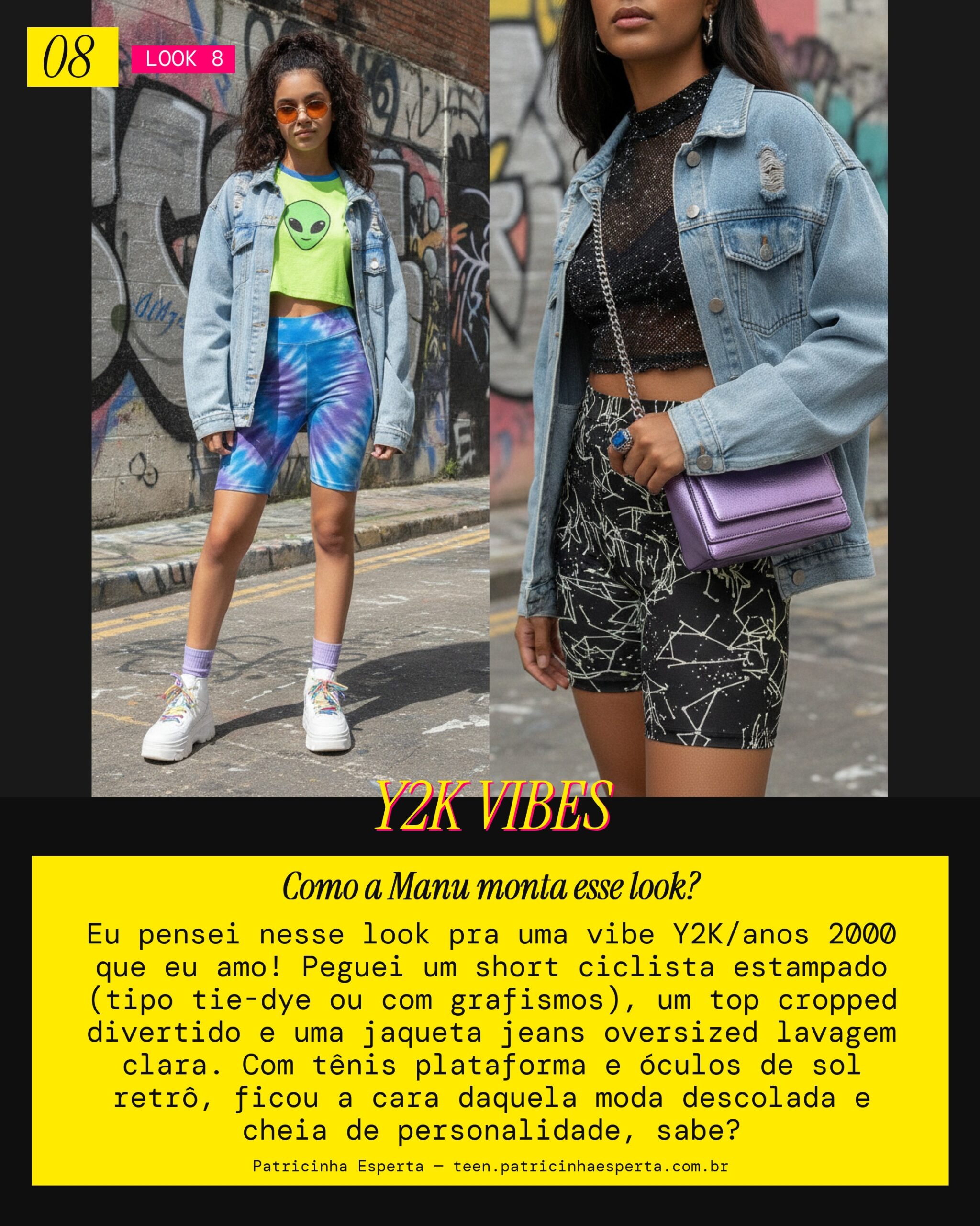 MANU RECOMENDA: Ciclista Estampado e Jaqueta Jeans Oversized com Vibe Y2K